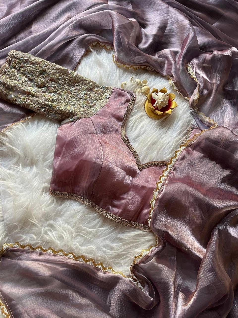 Premium Glass Tissue Zari Saree with Moti Lace Border & Embroidered Blouse | The Sareen