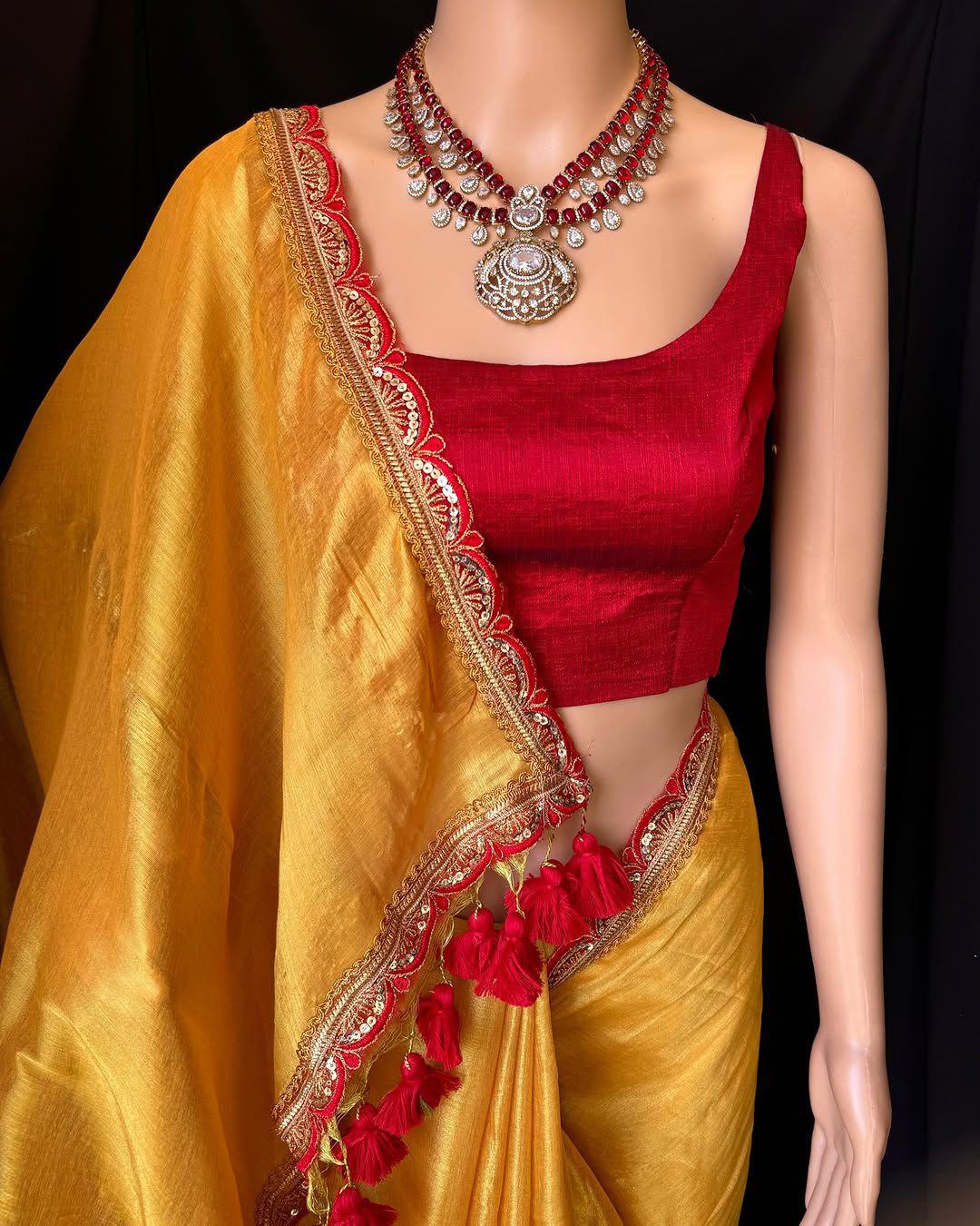 Uppada Tissue Silk Saree with Raw Silk Blouse – Elegant Cut Work Border | The Sareen
