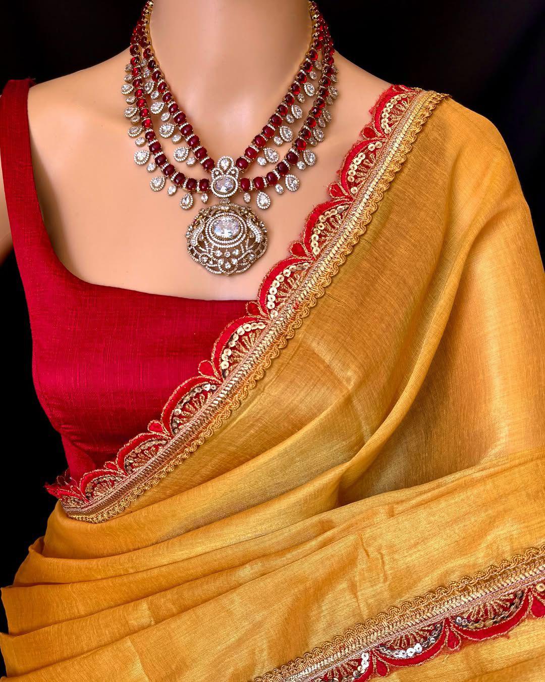 Uppada Tissue Silk Saree with Raw Silk Blouse – Elegant Cut Work Border | The Sareen