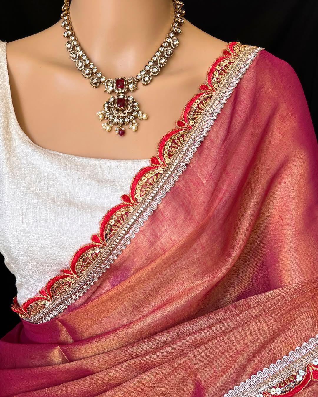 Uppada Tissue Silk Saree with Raw Silk Blouse – Elegant Cut Work Border | The Sareen
