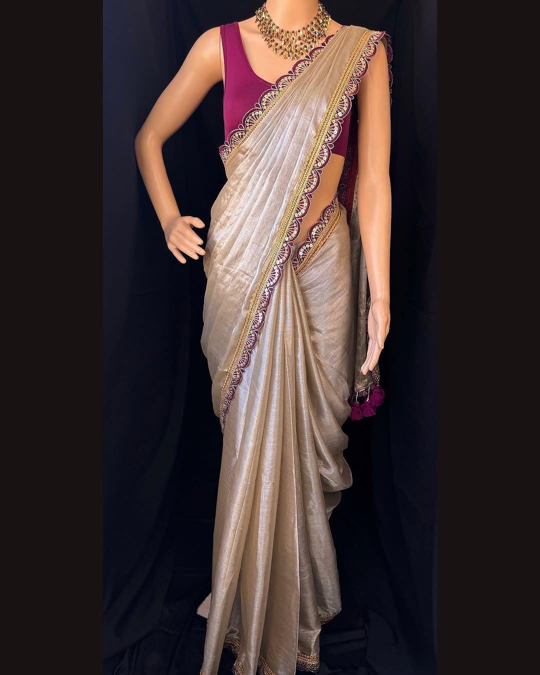 Uppada Tissue Silk Saree with Raw Silk Blouse – Elegant Cut Work Border | The Sareen