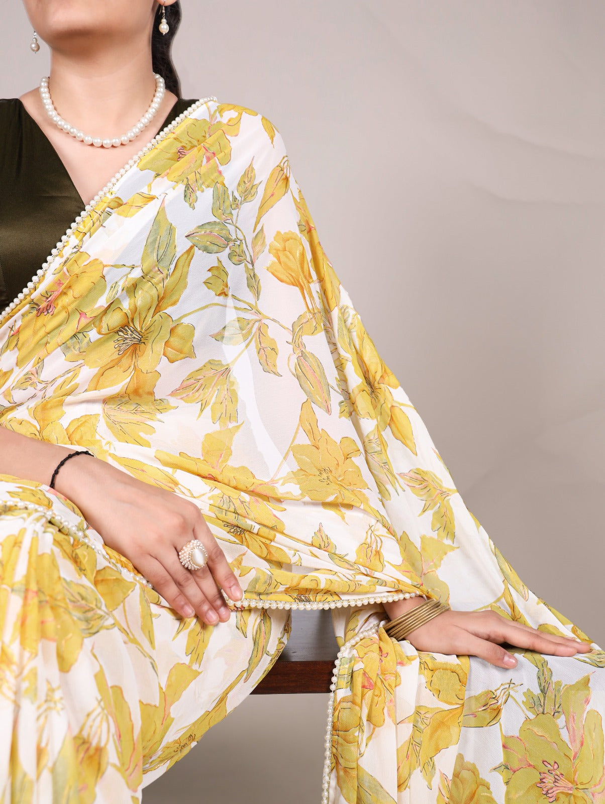 Petal Whisper – Floral Print Marble Saree with Pearl Lace Border | The Sareen