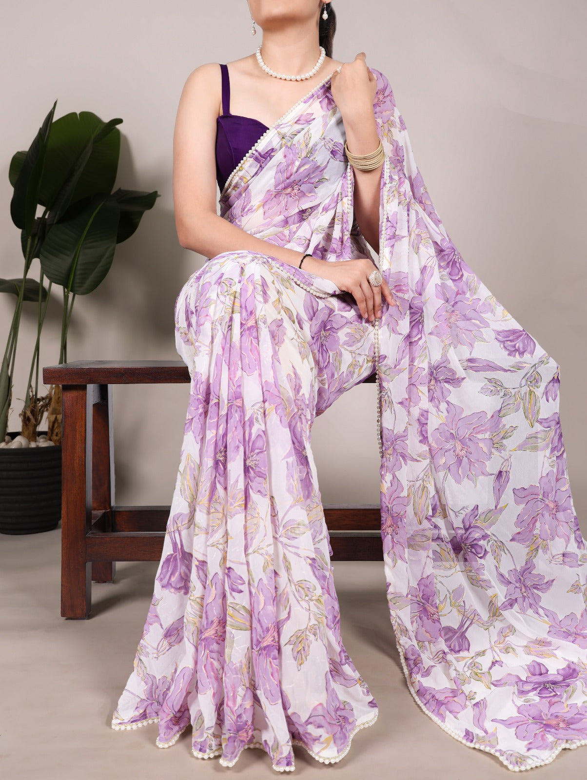 Petal Whisper – Floral Print Marble Saree with Pearl Lace Border | The Sareen