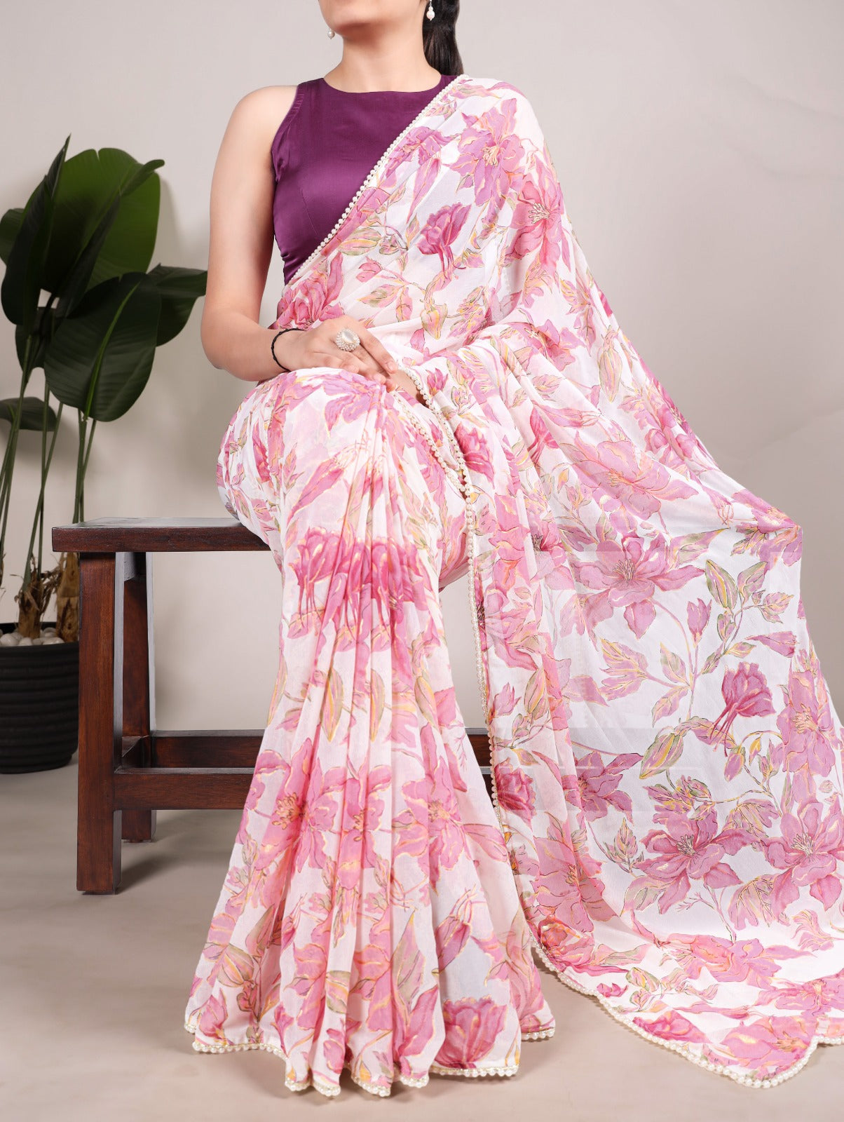 Petal Whisper – Floral Print Marble Saree with Pearl Lace Border | The Sareen
