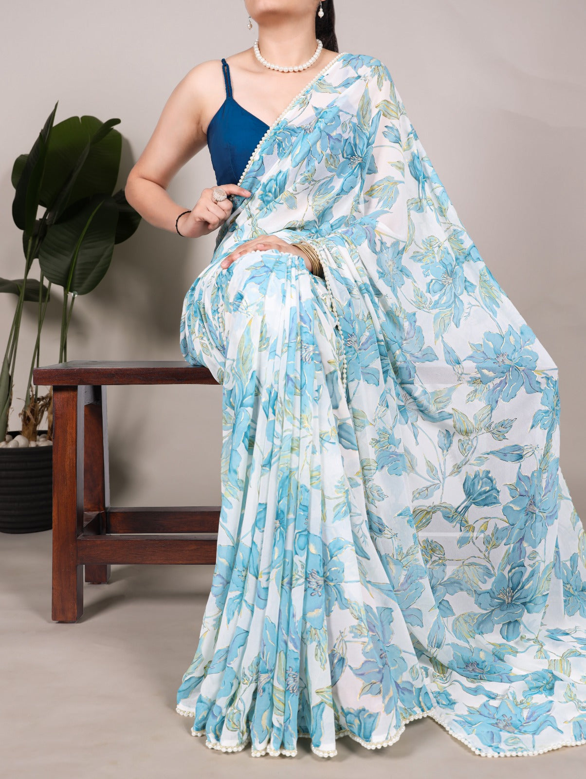 Petal Whisper – Floral Print Marble Saree with Pearl Lace Border | The Sareen