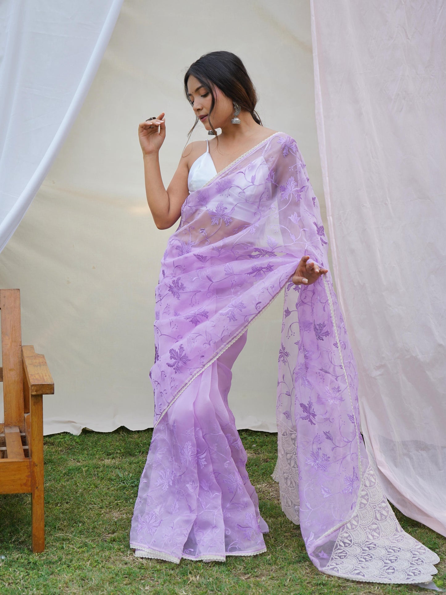 Ishaq – Elegant Lucknowi Organza Silk Saree with Viscose Thread Work | The Sareen Exclusive