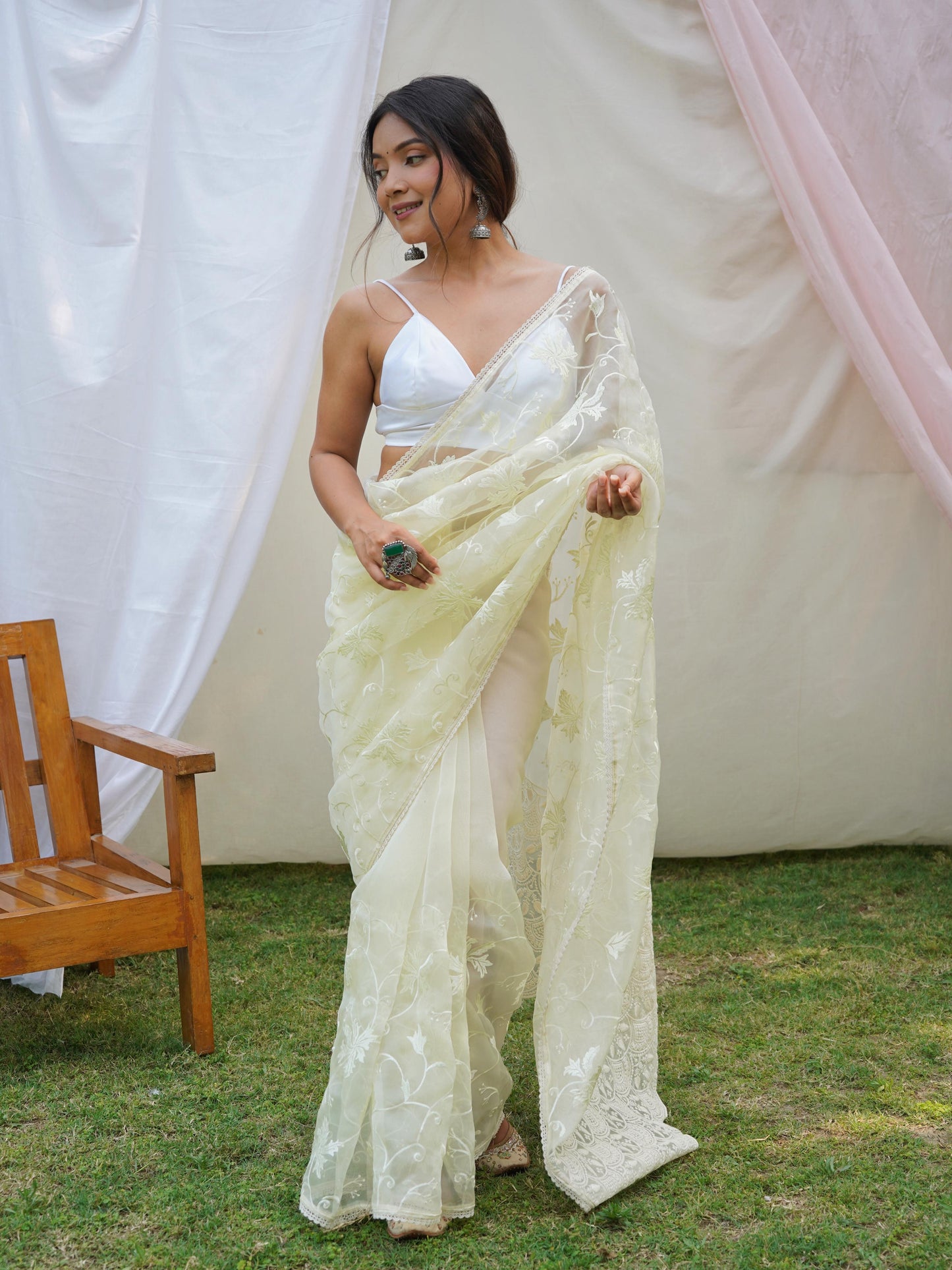 Ishaq – Elegant Lucknowi Organza Silk Saree with Viscose Thread Work | The Sareen Exclusive