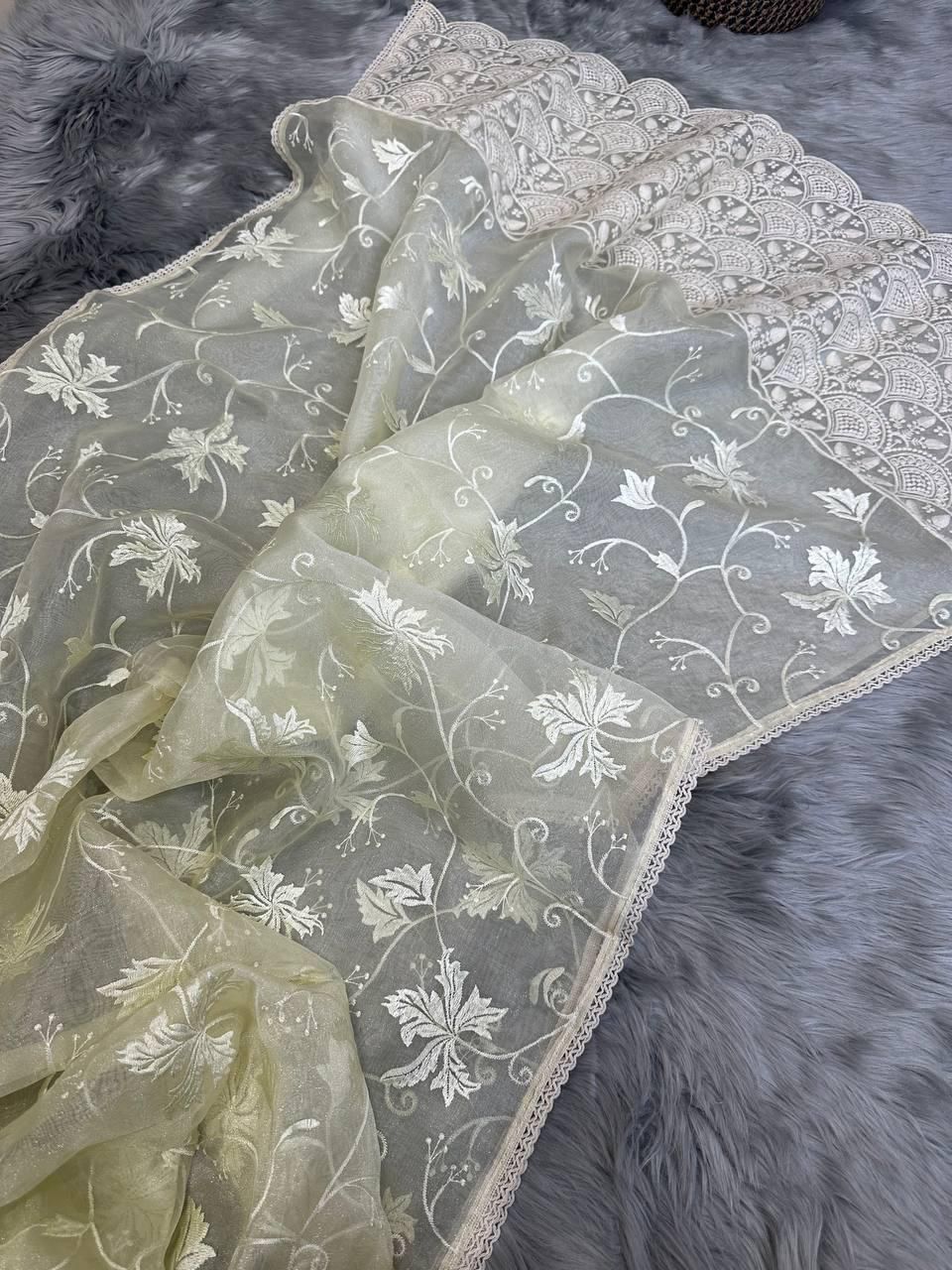 Ishaq – Elegant Lucknowi Organza Silk Saree with Viscose Thread Work | The Sareen Exclusive