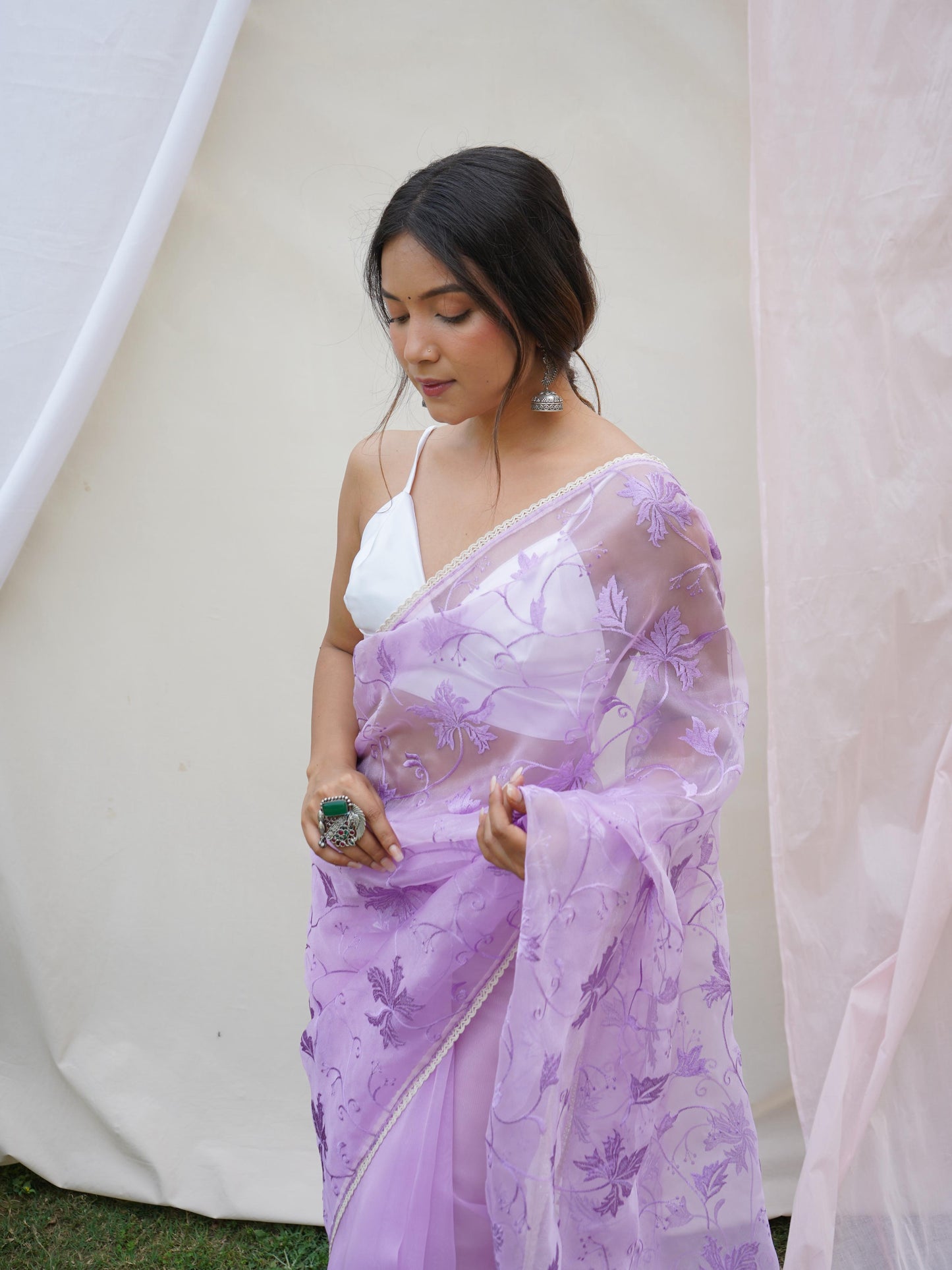 Ishaq – Elegant Lucknowi Organza Silk Saree with Viscose Thread Work | The Sareen Exclusive