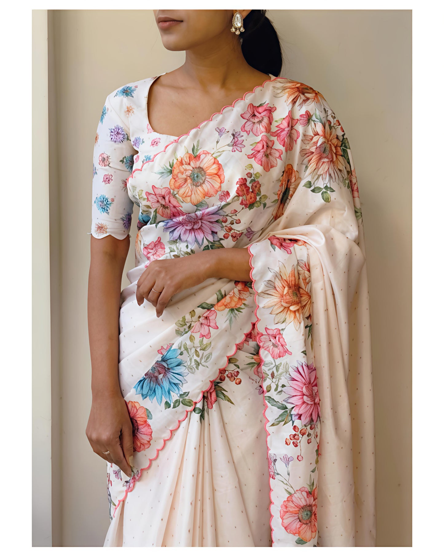 Madhurika Handloom Tussar Silk Saree | Floral Digital Print with Arco Border | The Sareen Exclusive