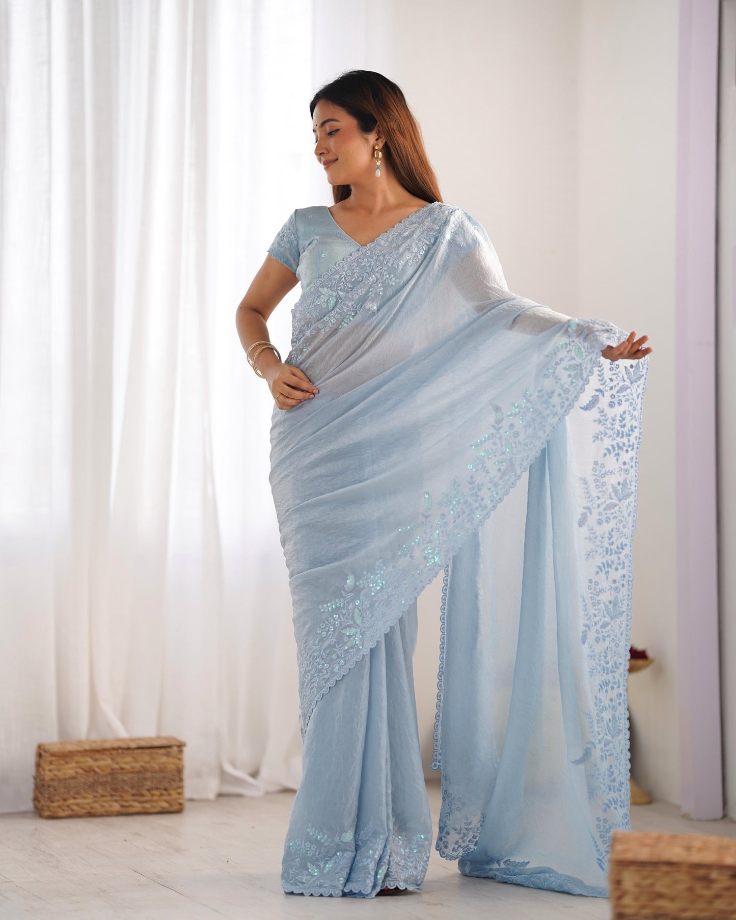 Premium Crushed Tissue Silk Saree with Lucknowi Thread & Sequin Work – Festive Special | The Sareen