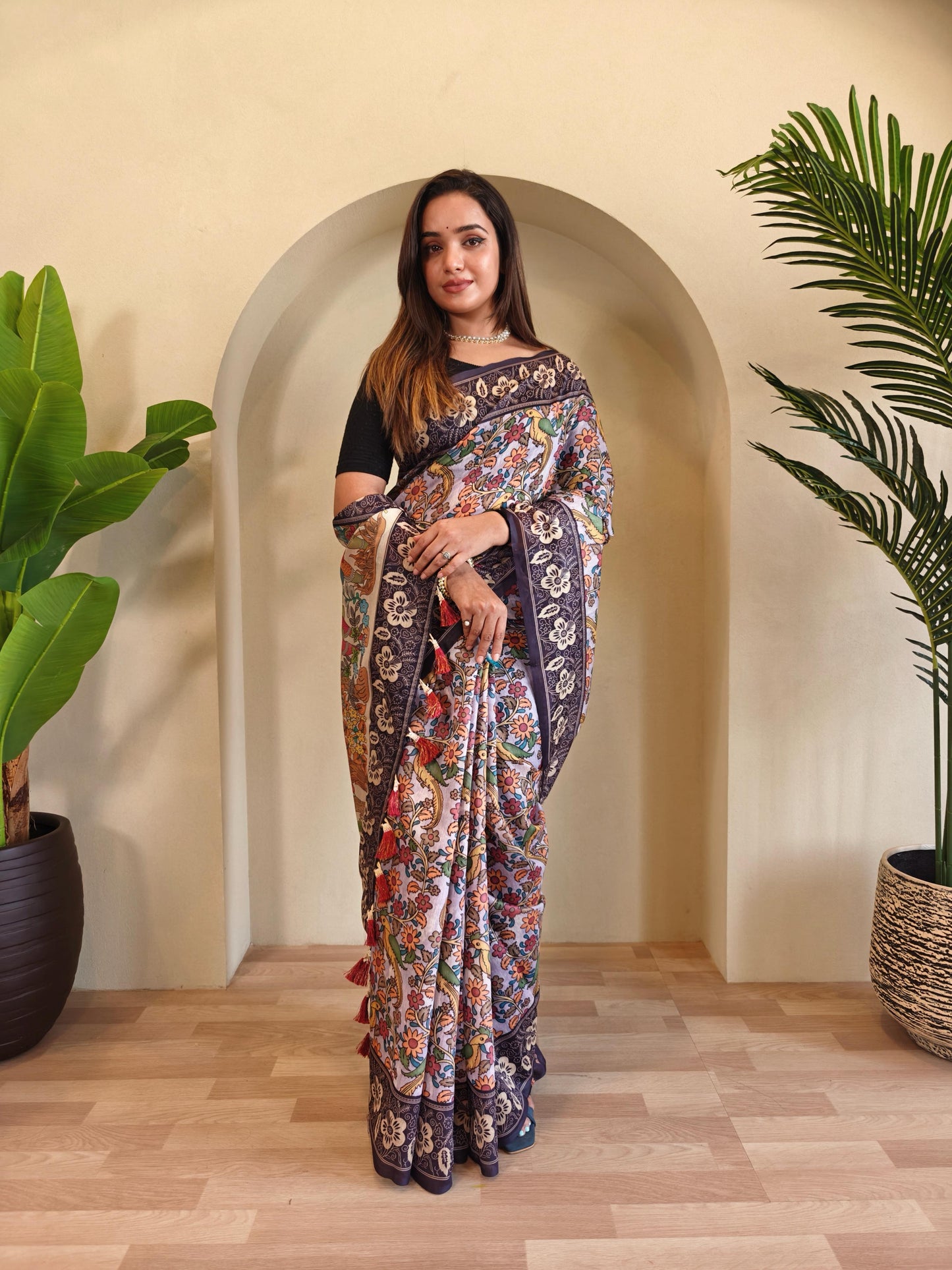 VF Madhu Soft Cotton Chanderi Saree with Kalamkari Digital Print & Tassels – Elegant Ethnic Wear | C-517A
