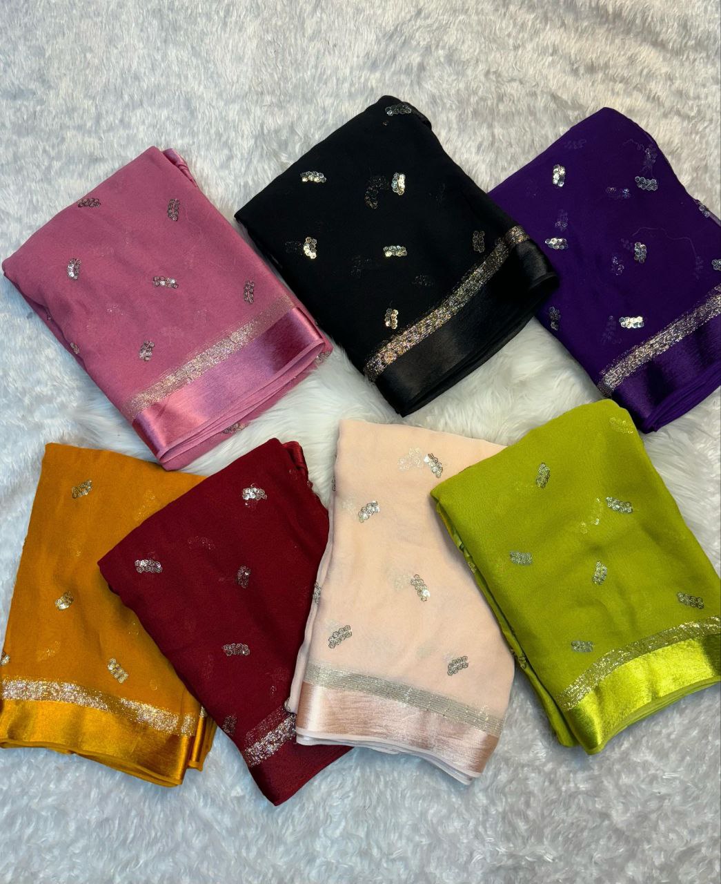 Viscose Georgette Saree with Satin Border & Heart Sequin Embroidery | The Sareen
