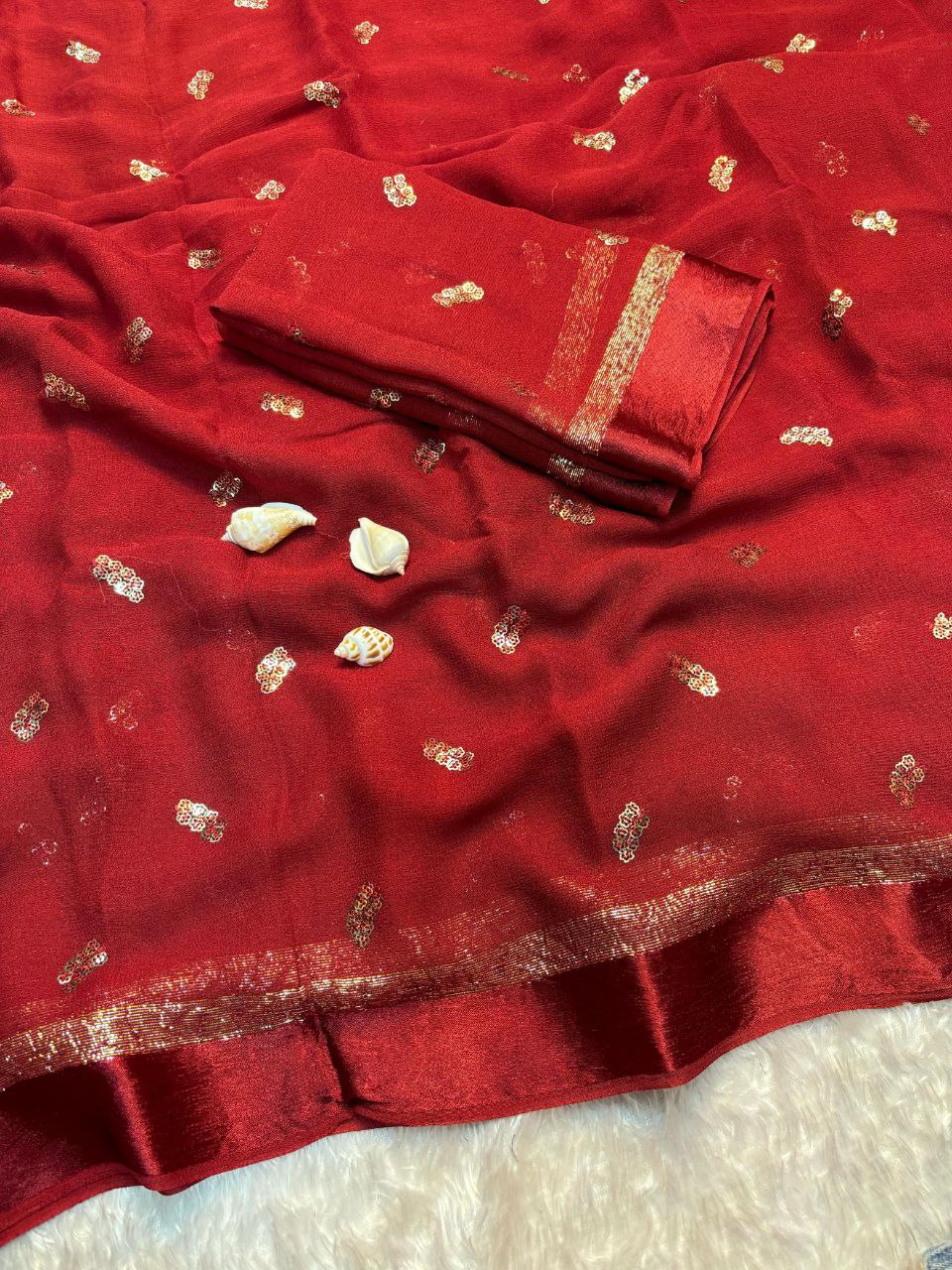 Viscose Georgette Saree with Satin Border & Heart Sequin Embroidery | The Sareen