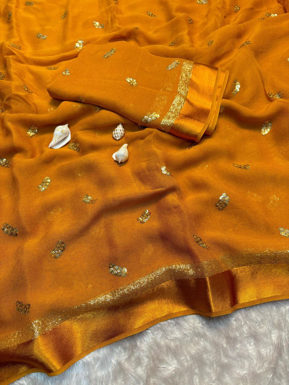 Viscose Georgette Saree with Satin Border & Heart Sequin Embroidery | The Sareen