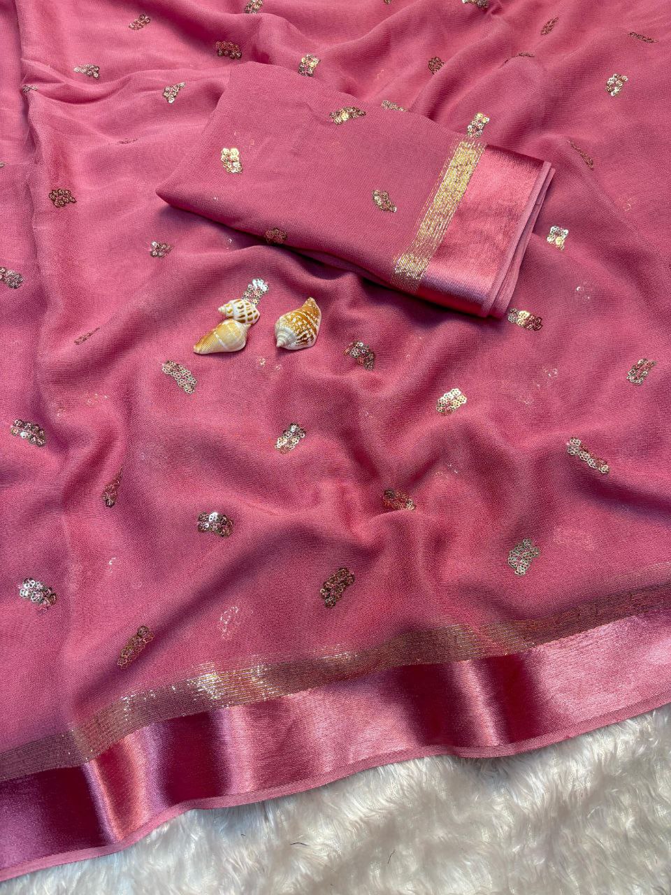 Viscose Georgette Saree with Satin Border & Heart Sequin Embroidery | The Sareen