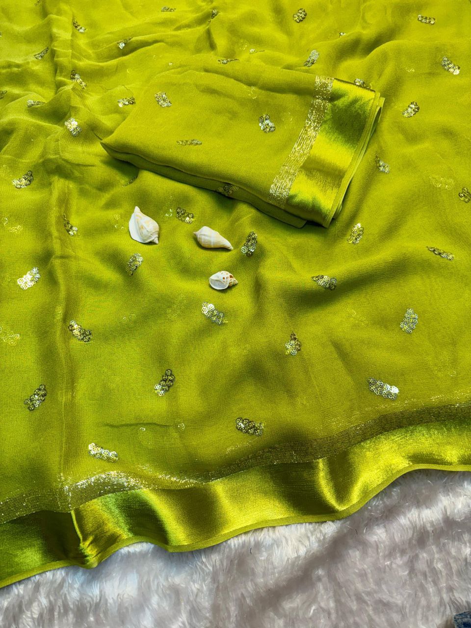 Viscose Georgette Saree with Satin Border & Heart Sequin Embroidery | The Sareen