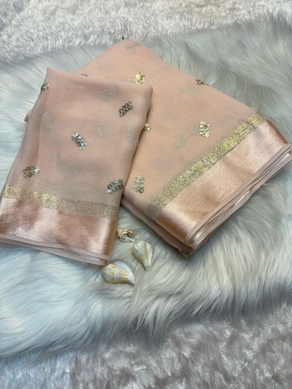 Viscose Georgette Saree with Satin Border & Heart Sequin Embroidery | The Sareen