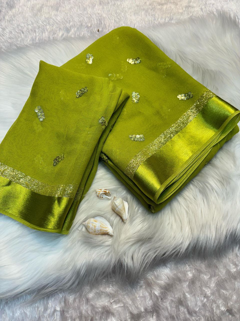 Viscose Georgette Saree with Satin Border & Heart Sequin Embroidery | The Sareen