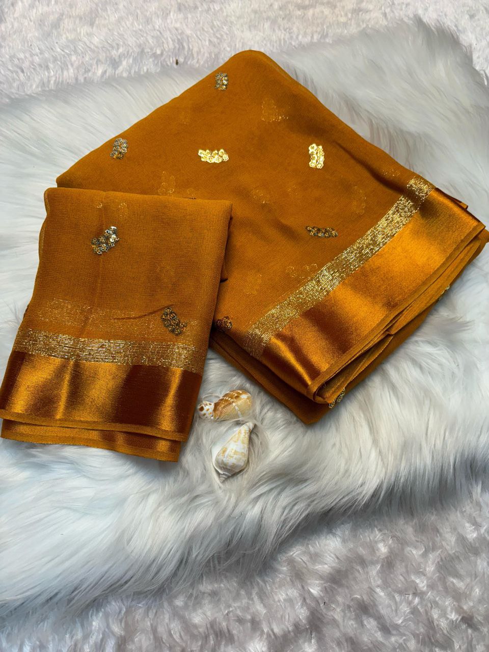 Viscose Georgette Saree with Satin Border & Heart Sequin Embroidery | The Sareen