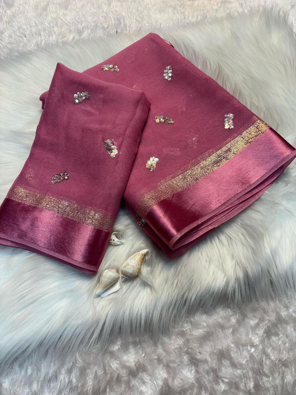 Viscose Georgette Saree with Satin Border & Heart Sequin Embroidery | The Sareen