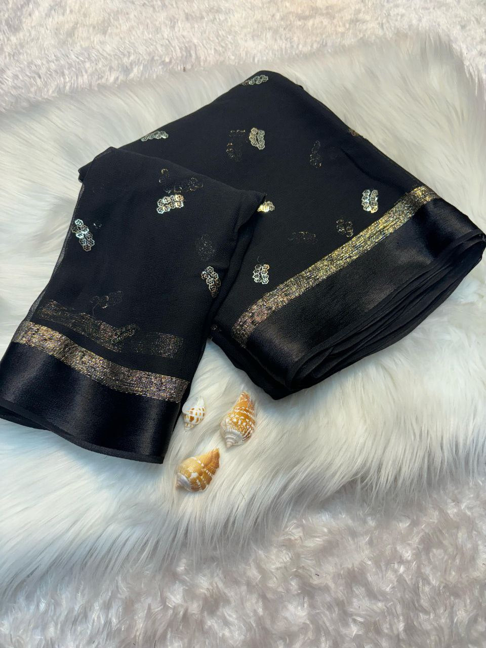 Viscose Georgette Saree with Satin Border & Heart Sequin Embroidery | The Sareen