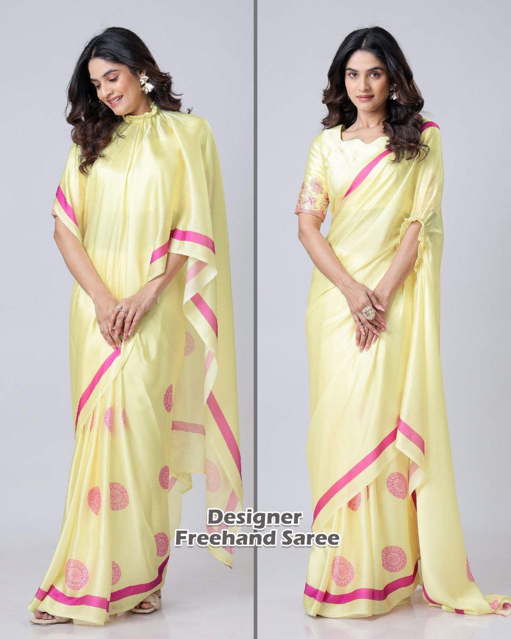 Premium Satin Silk Saree with Digital Print & Fancy Neck Style | The Sareen