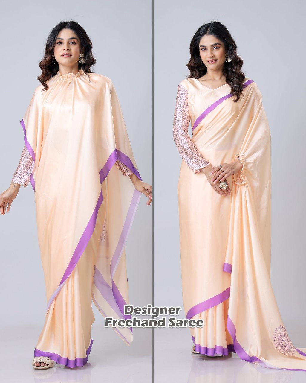 Premium Satin Silk Saree with Digital Print & Fancy Neck Style | The Sareen