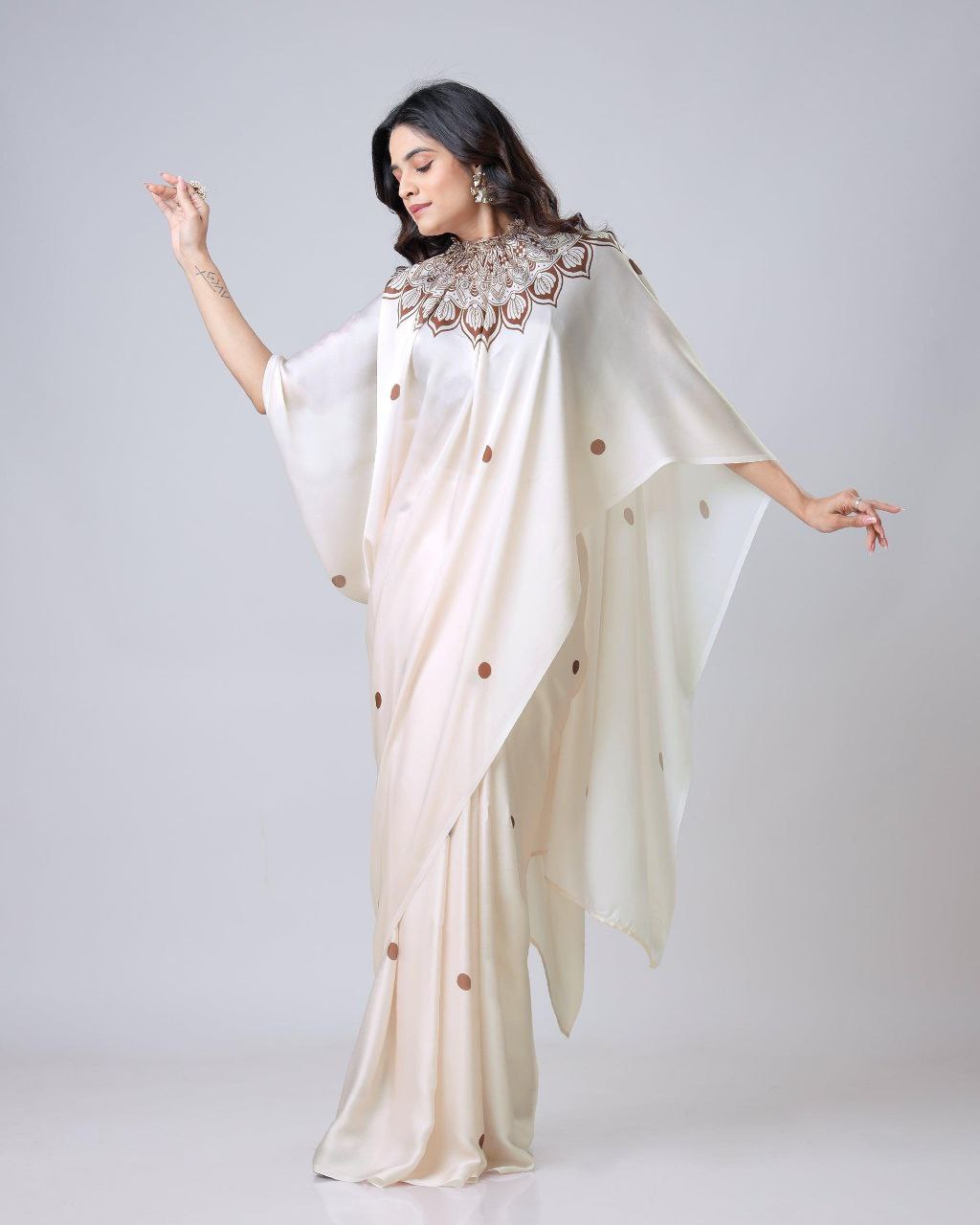 Premium Satin Silk Saree with Digital Print & Fancy Neck Style | The Sareen
