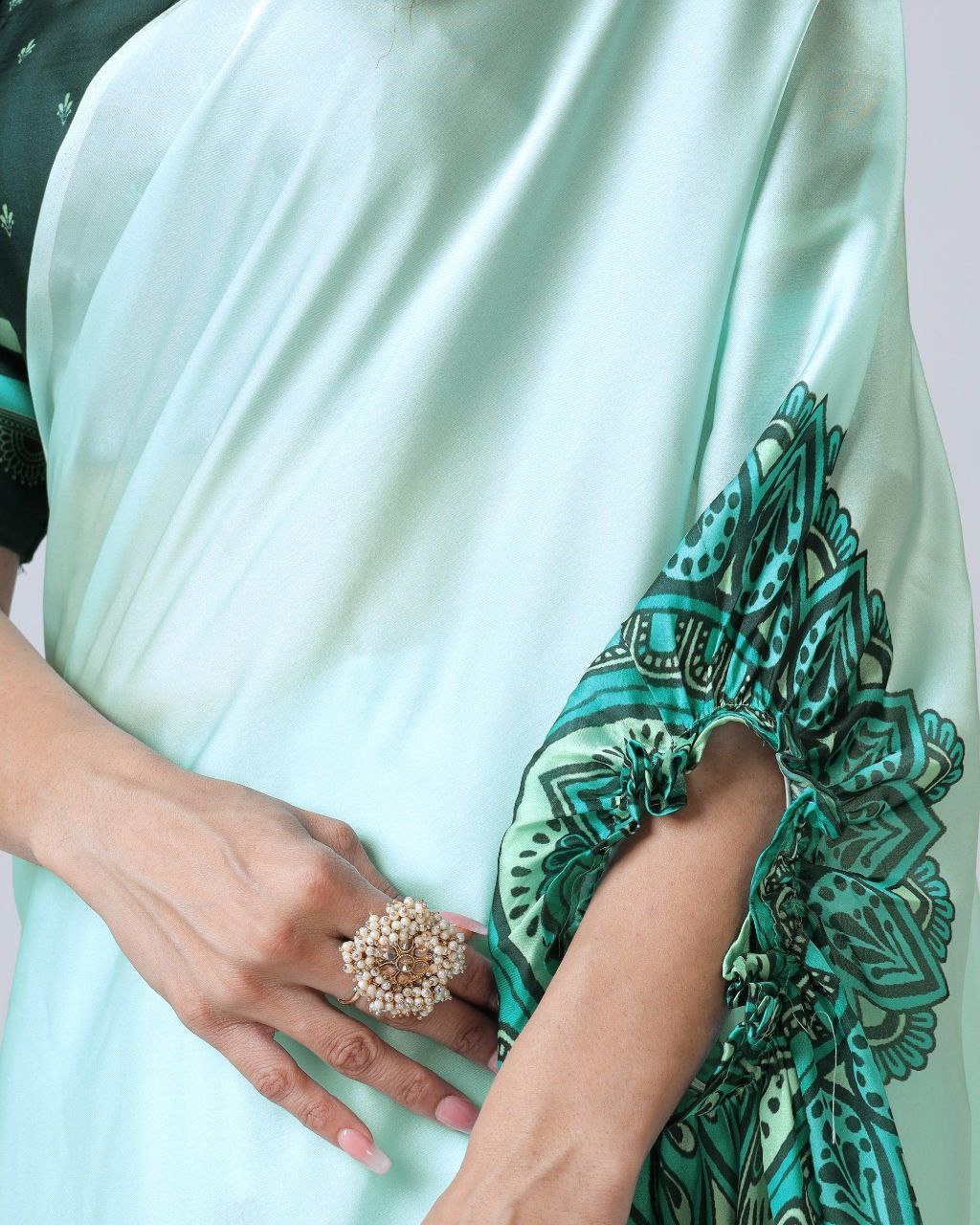Premium Satin Silk Saree with Digital Print & Fancy Neck Style | The Sareen