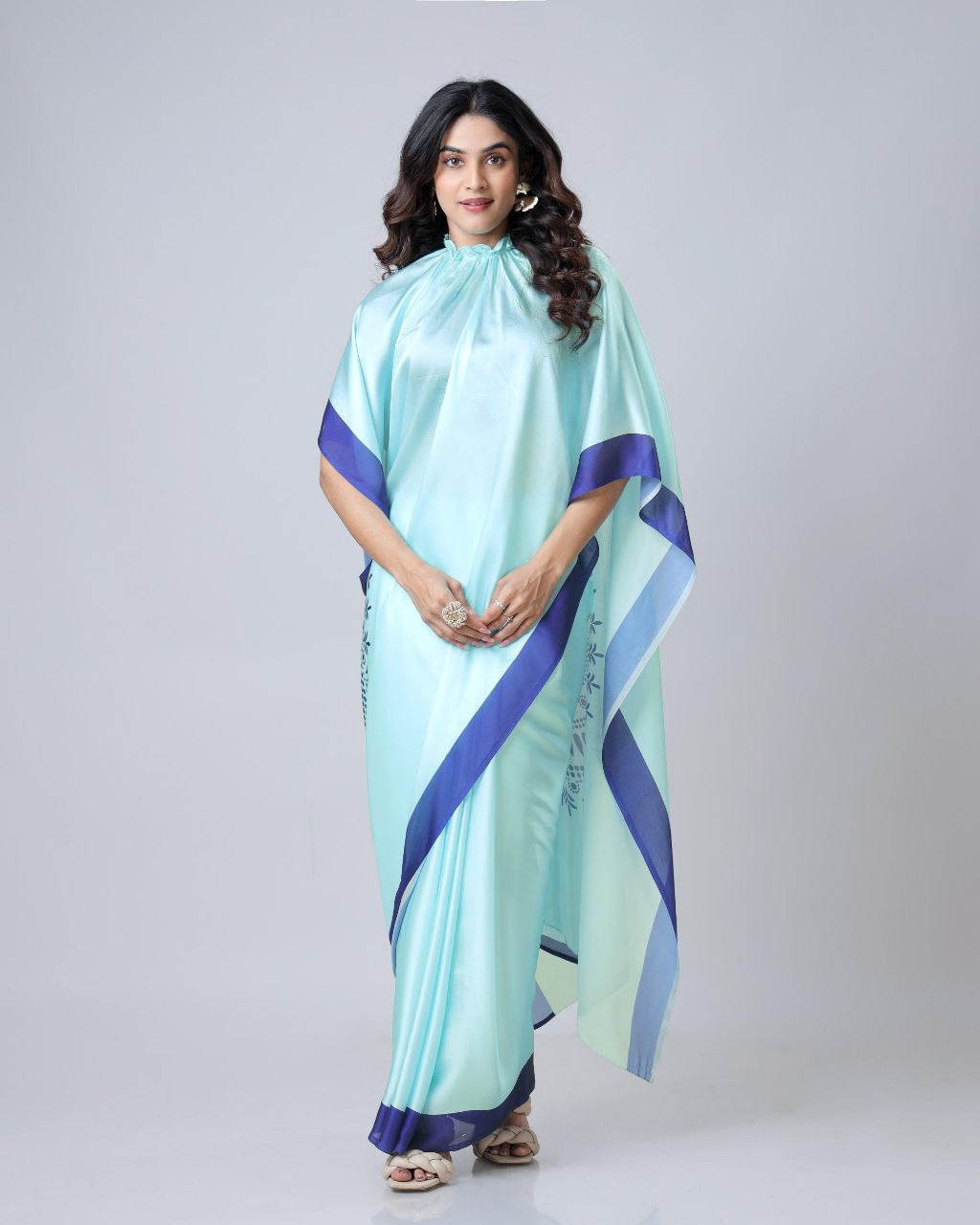 Premium Satin Silk Saree with Digital Print & Fancy Neck Style | The Sareen