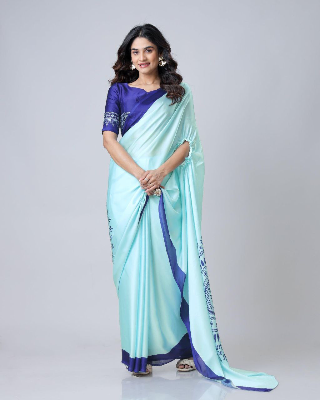 Premium Satin Silk Saree with Digital Print & Fancy Neck Style | The Sareen