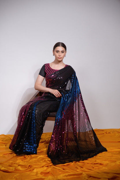 Multicolor Sequin Embroidered Georgette Saree | The Sareen