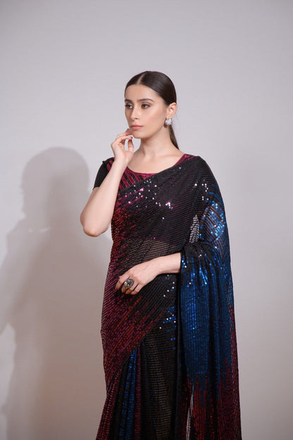 Multicolor Sequin Embroidered Georgette Saree | The Sareen
