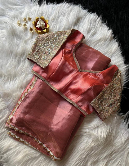 Premium Glass Tissue Zari Saree with Moti Lace Border & Embroidered Blouse | The Sareen