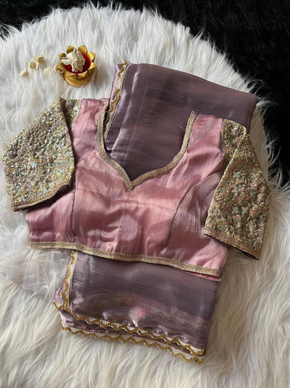 Premium Glass Tissue Zari Saree with Moti Lace Border & Embroidered Blouse | The Sareen