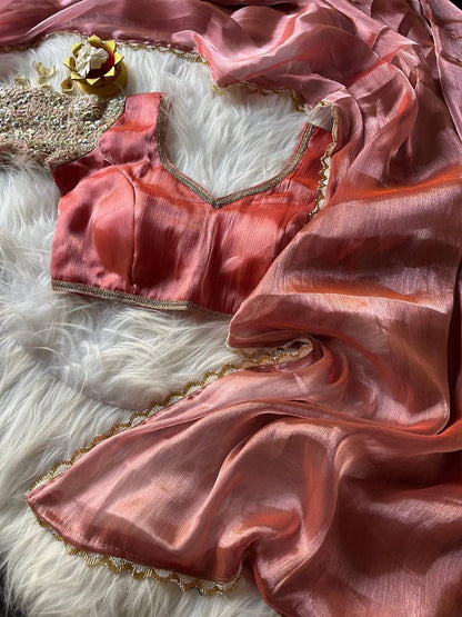 Premium Glass Tissue Zari Saree with Moti Lace Border & Embroidered Blouse | The Sareen