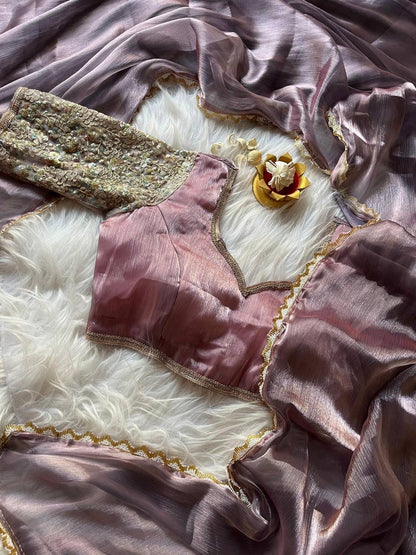 Premium Glass Tissue Zari Saree with Moti Lace Border & Embroidered Blouse | The Sareen