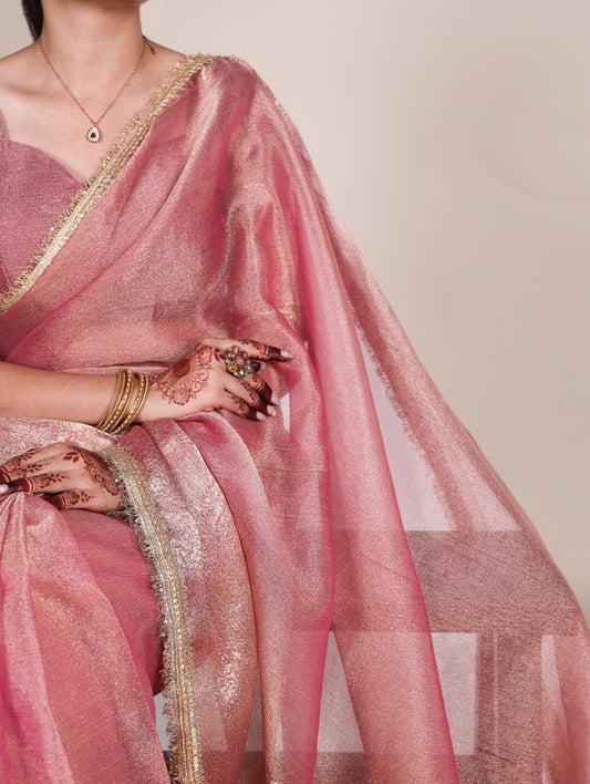 Golden Glow Tissue Shimmer Saree with Zari Weaving & Sequins Lace Border