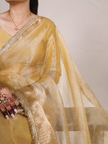 Golden Glow Tissue Shimmer Saree with Zari Weaving & Sequins Lace Border