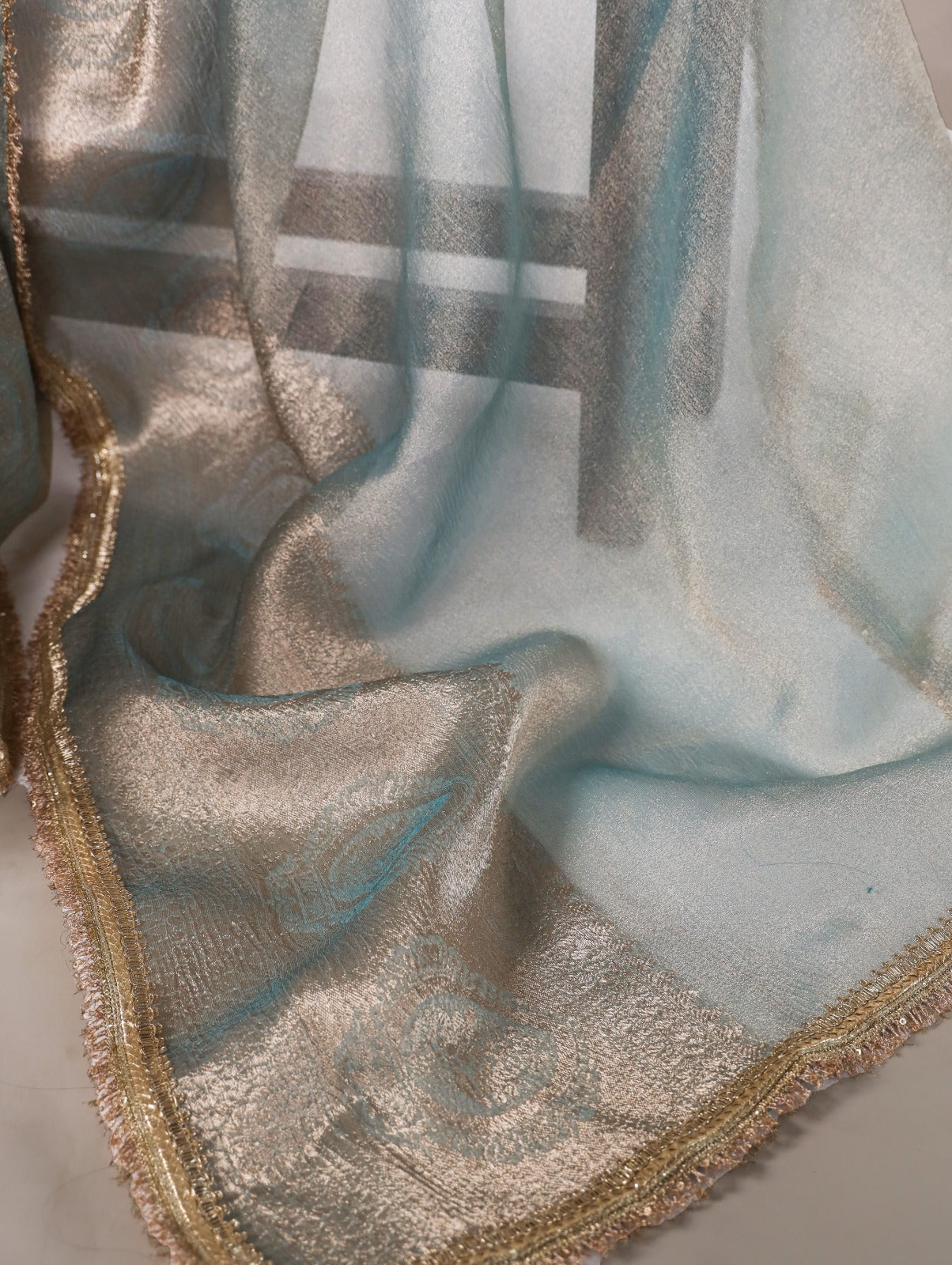Golden Glow Tissue Shimmer Saree with Zari Weaving & Sequins Lace Border