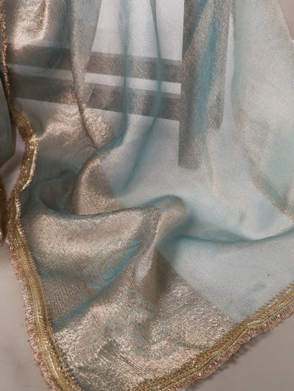 Golden Glow Tissue Shimmer Saree with Zari Weaving & Sequins Lace Border