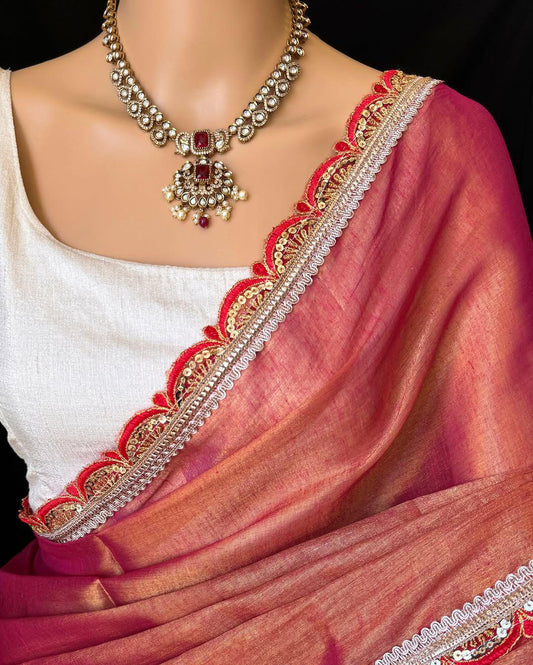 Uppada Tissue Silk Saree with Raw Silk Blouse – Elegant Cut Work Border | The Sareen
