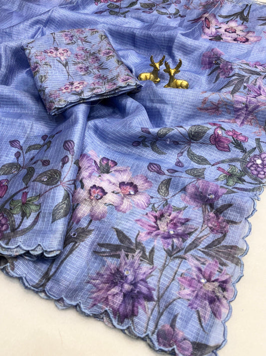 Senorita – Soft Kota Chex Saree with Floral Print &amp; Embroidered Cutwork Border