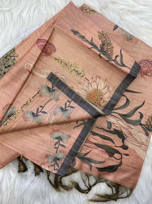 Soft Tussar Silk Saree with Zari Lines &amp; Printed Blouse