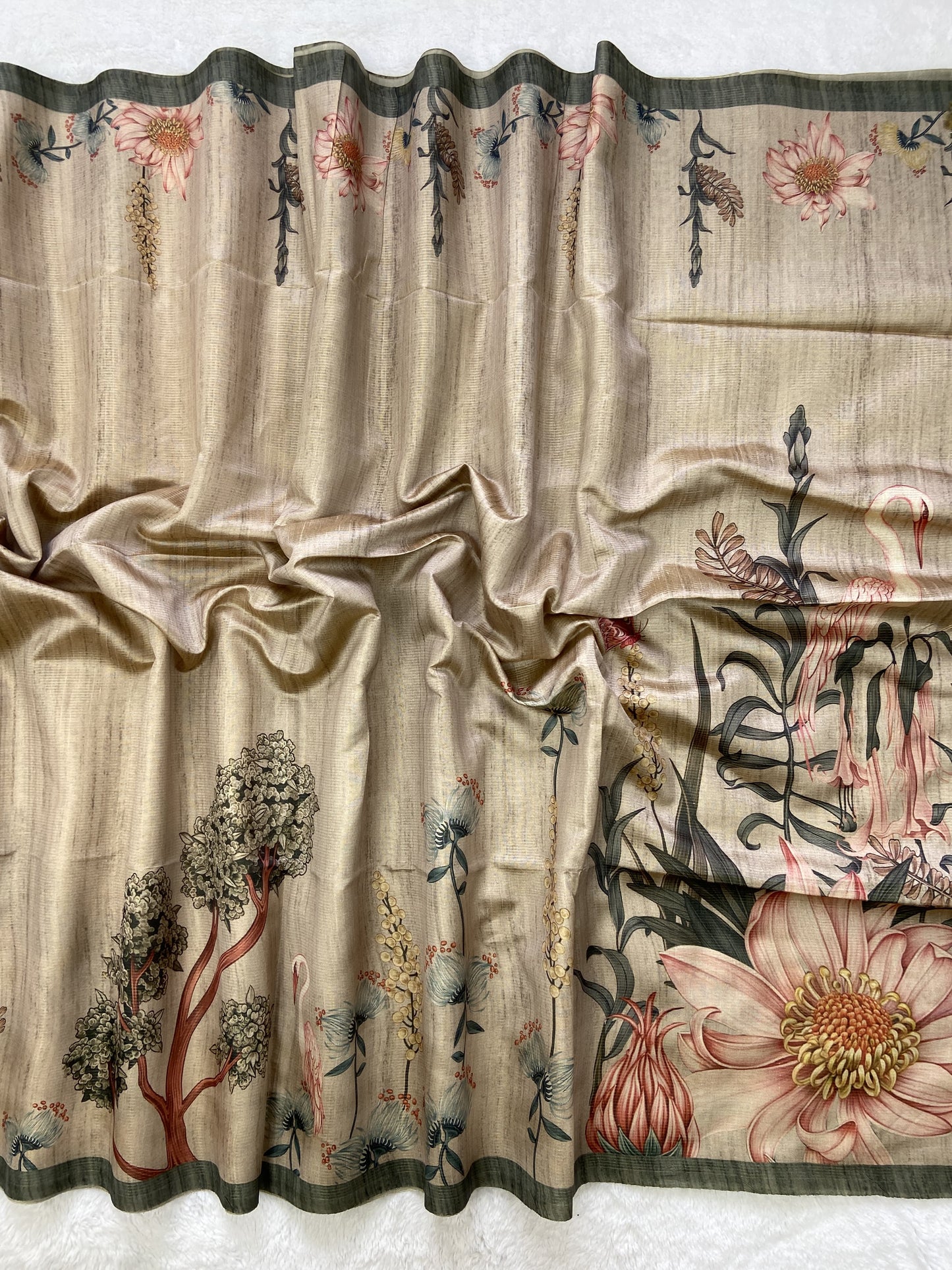 Soft Tussar Silk Saree with Zari Lines &amp; Printed Blouse