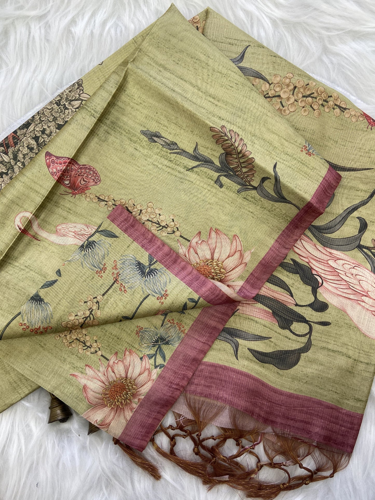 Soft Tussar Silk Saree with Zari Lines &amp; Printed Blouse