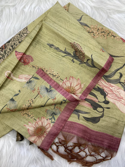 Soft Tussar Silk Saree with Zari Lines &amp; Printed Blouse
