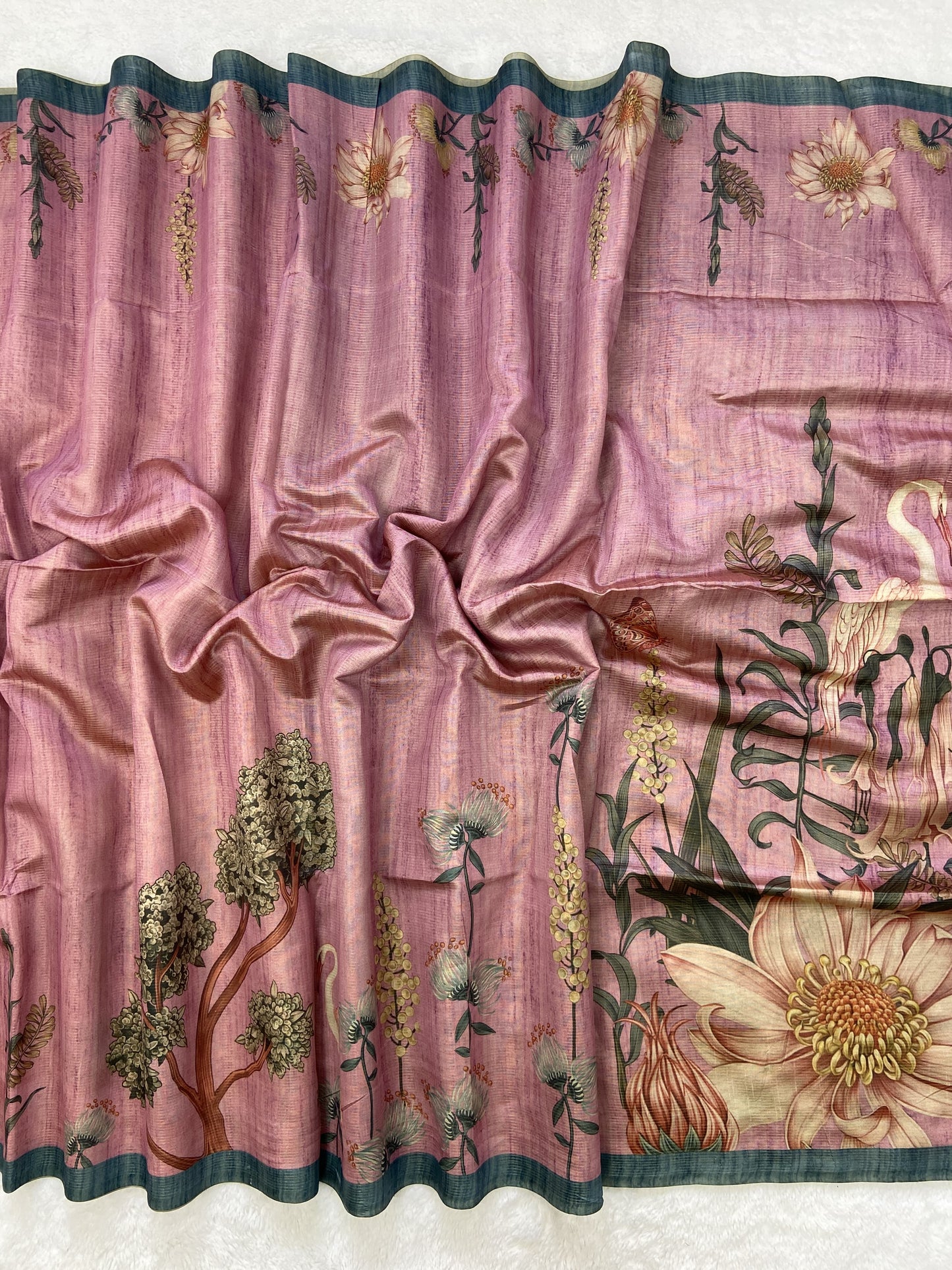 Soft Tussar Silk Saree with Zari Lines &amp; Printed Blouse