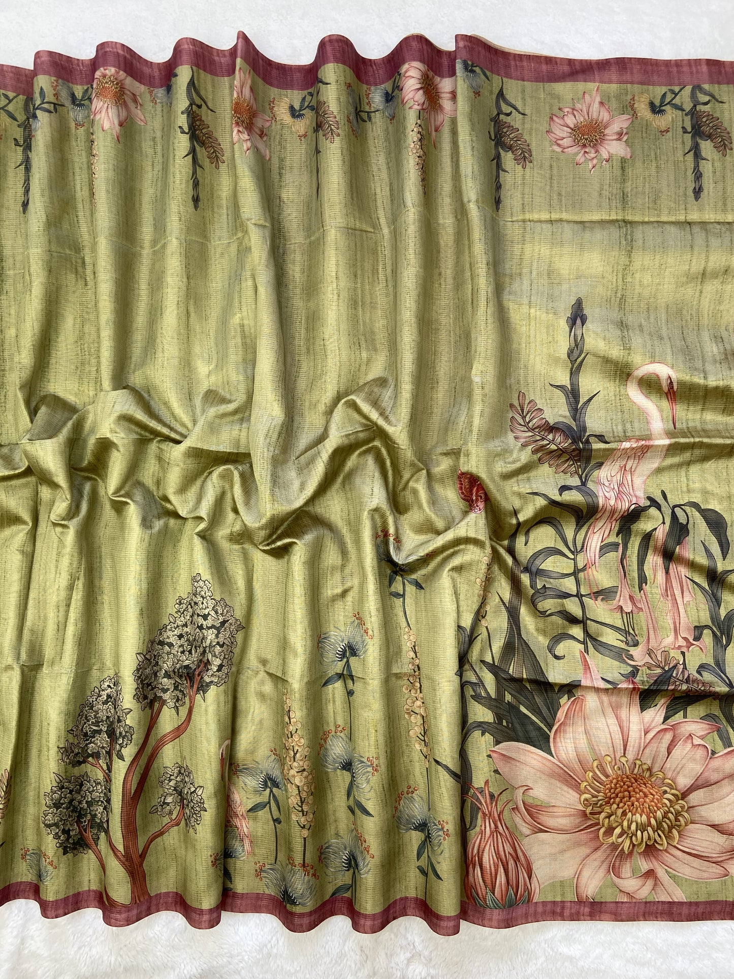 Soft Tussar Silk Saree with Zari Lines &amp; Printed Blouse